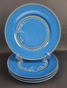 4 Hermes Toucans Blue Presentation Plates 12 inches. Few marks and areas of worn paint. Please see
