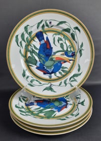Hermes Toucans Dinner Plates Set 10.5 inches. Utensils marks, worn paint in some spots. Color faded