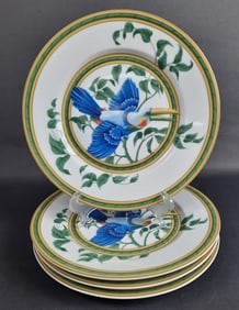 Hermes Toucans 4 Lunch Plates 8.5 inches. Utensil marks. One plate has fine cracks on the bottom.