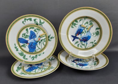Hermes Toucans 4 Assorted Bowls 9 x 1.5 inches tall. No chips, cracks or damage.