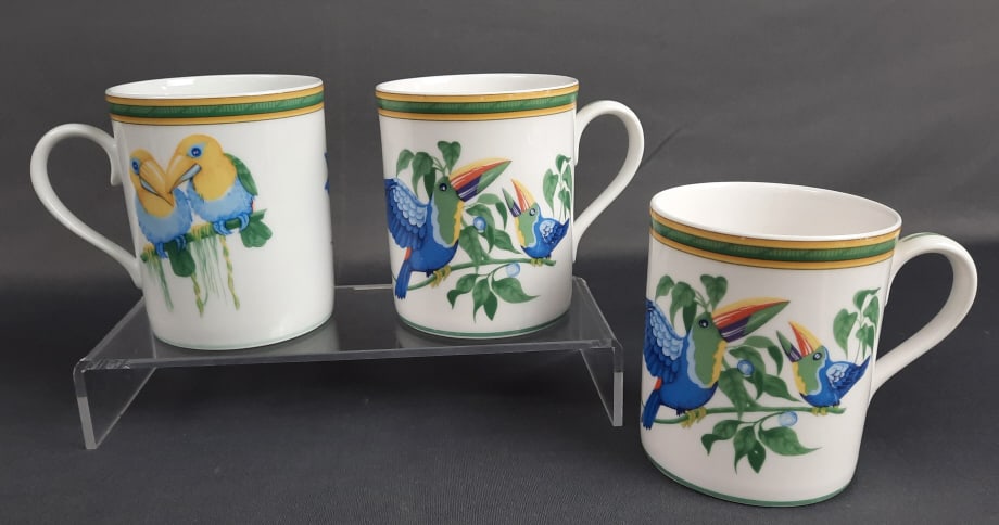 Hermes Toucans Trio of Mugs #2 Measure 3 x 3.5 inches tall. One cup has a chip on the bottom, the (1 of 15)