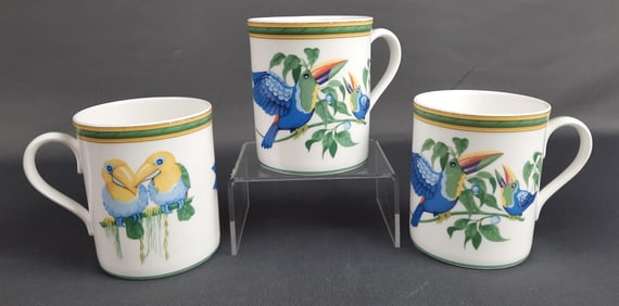 Hermes Toucans Trio of Mugs #3 Measure 3 x 3.5 inches tall. Some chips in paint.