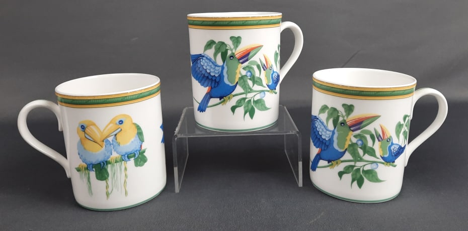 Hermes Toucans Trio of Mugs #3 Measure 3 x 3.5 inches tall. Some chips in paint.: Measure 3 x 3.5 inches tall. Some chips in paint.