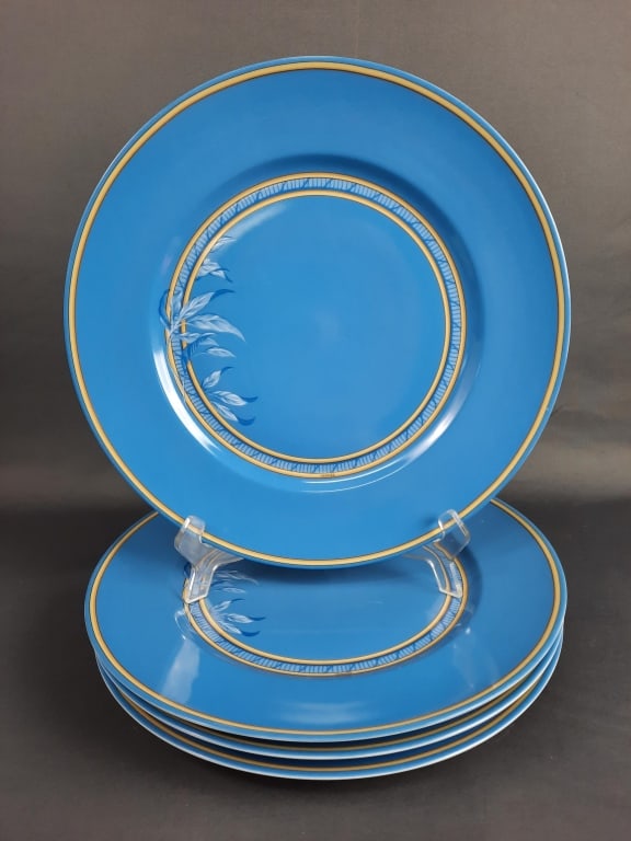 4 Hermes Toucans Blue Presentation Plates #2 12 inches. No chips or cracks. There are some areas: 12 inches. No chips or cracks. There are some areas where the paint is worn off.