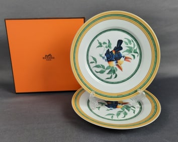 Hermes Toucans Salad Dessert Plates & Box 7 inches. One plate has a small chip on the bottom rim.
