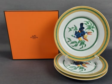 Hermes Toucans Salad Dessert Plates & Box #2 7 inches. Utensil marks. No chips or cracks.