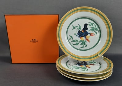 Hermes Toucans Salad Plates & Box #2 7.5 inches. Several chips, one around rim, bottom and top of