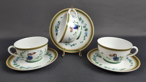 Hermes Toucans Cups & Saucer Sets for 3 Saucers are 5.5 inches. Cups are 3.5 x 2 inches tall.