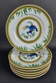 6 Hermes Toucans Bread & Butter Plates Plates measure 6 inches. Utensil marks present. No chips or