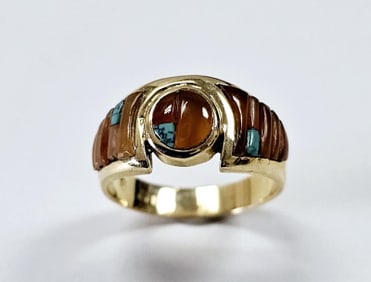 14K Yellow Gold Amber & Turquoise Ring Ring weighs 7.6 Grams Size 9.5