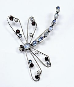 NIcky Butler Garnet Moonstone Dragonfly Brooch Brooch weighs 15.6 Grams Sterling Silver