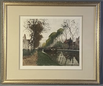 Henri Jourdain Canal Watercolor Painting Signed Signed and framed watercolor painting of a European