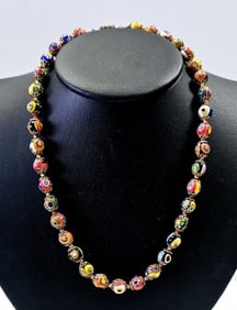 Italian Millefiori Glass Beads Necklace Necklace weighs 33.8 Grams Measures 18"