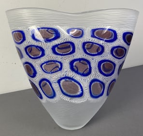 Massamiliano Shiavon Murano Glass Vase Signed Large wavy shaped Murano vase with blue and purple