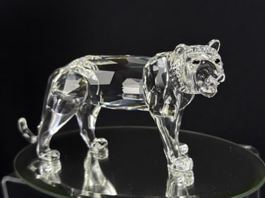 Swarovski Silver Crystal Tiger Figurine 6 inches long with original hinged box measuring 7.5 x 7.5 x