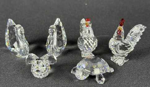 Collection of Swarovski Crystal Small Figurines Hen, Rooster, Turtle, Rabbit and 2 Swans. Original