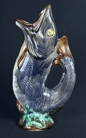 Antique Majolica Gurgling Fish Pitcher 13 inches tall by 7 inches wide. Some crazing present. Some