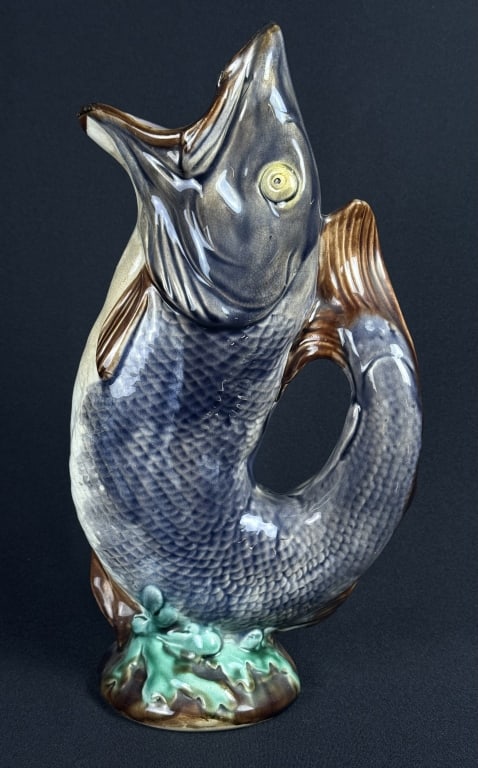 Antique Majolica Gurgling Fish Pitcher 13 inches tall by 7 inches wide. Some crazing present. Some (1 of 9)