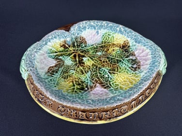 Antique Majolica Begonia Pattern Bread Platter 13 x 11 inches. Crazing present over all. See photos