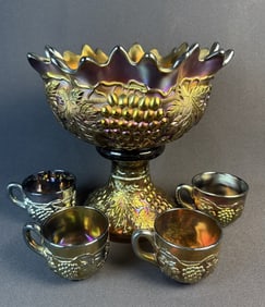 Northwood Carnival Glass Punch Bowl Set Grape & Cable 11 inches tall by 10 inches wide. With 4 mugs.