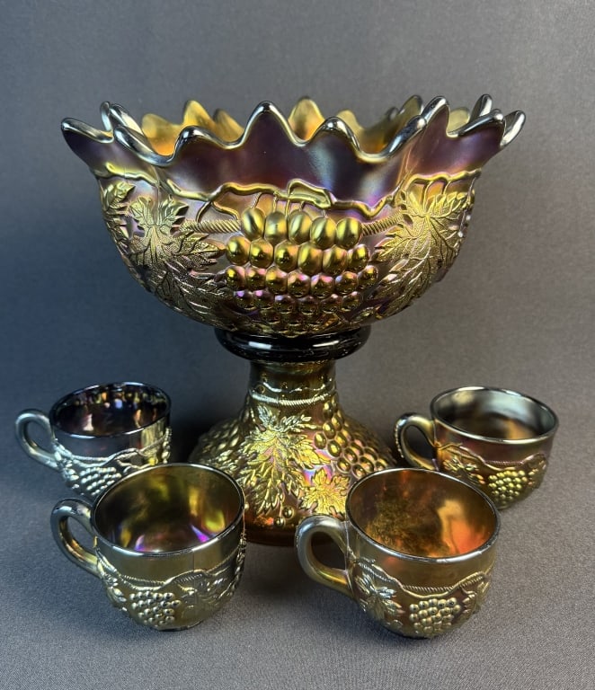 Northwood Carnival Glass Punch Bowl Set Grape & Cable 11 inches tall by 10 inches wide. With 4 mugs. (1 of 9)