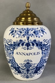 Blue & White Delft Annapolis Jar Ceramic Delft jar, white with blue decoration, and a brass lid. The