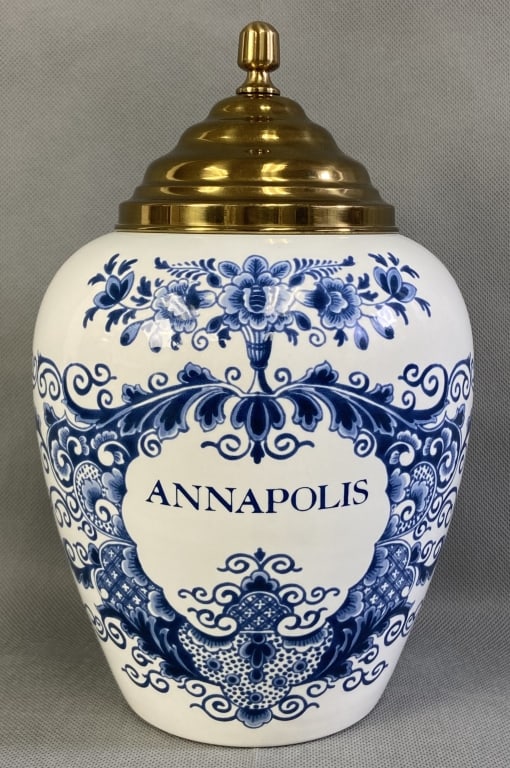 Blue & White Delft Annapolis Jar Ceramic Delft jar, white with blue decoration, and a brass lid. The (1 of 6)