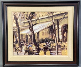 Oil Painting Sidewalk Cafe Signed Oil painting of a European sidewalk cafe with yellow chairs.
