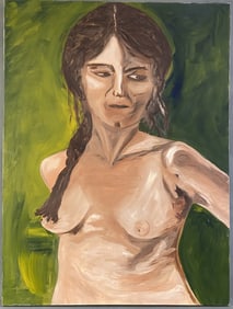 Oil Painting Nude on Green Background Original oil painting of a woman with brown hair in braids,