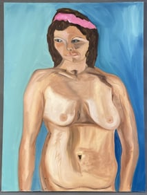 Oil Painting Nude on Blue Background Original unsigned painting of a woman with brown hair and a