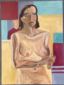 Oil Painting Nude on Multicolored Background Painting of a woman with brown hair, nude, on a yellow,