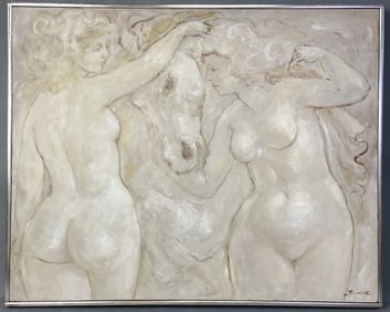 Charles Burdick Oil Painting 2 Nudes & Horse Oil painting by Charles Burdick, signed, of two nude