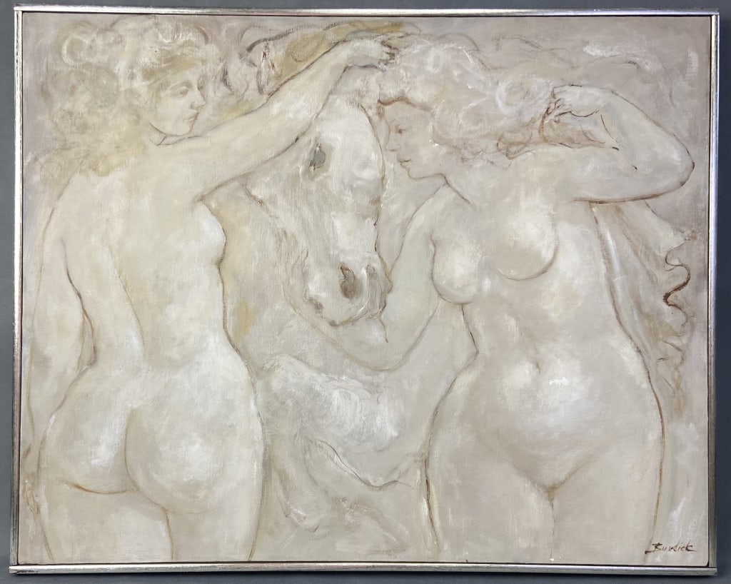 Charles Burdick Oil Painting 2 Nudes & Horse Oil painting by Charles Burdick, signed, of two nude: Oil painting by Charles Burdick, signed, of two nude women and a horse in a classical style. Some wear to paint. Artwork with frame is 31 X 25 inches in size.