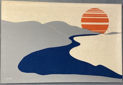 Marushka Riverscape Silkscreen Print Silkscreen of a river by mountains with a rising Sun in the