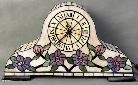 Tiffany Style Stained Glass Mantel Clock Pink floral stained glass mantel clock and lamp. Works