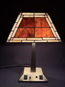 Slag Glass & Brass Desk Lamp 8 x 14 x 21 inches. 2 plugs and telephone pass through. Working