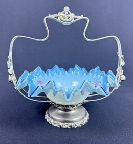 Victorian Art Glass Brides Basket Made in Austria. Bowl 10 inches wide by 3 inches tall. Stand 11 x