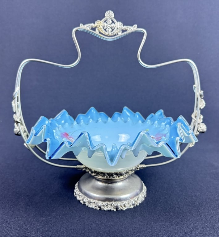 Victorian Art Glass Brides Basket Made in Austria. Bowl 10 inches wide by 3 inches tall. Stand 11 x (1 of 7)