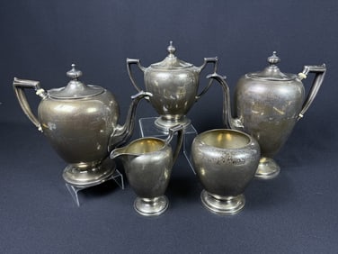 Vintage Reed & Barton #87 Sterling Silver Tea Set 5 pieces. Tarnish over all. One pin missing from