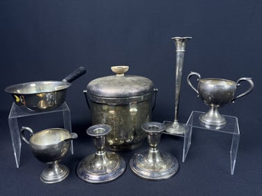 Sterling  & Silverplate Dishes Set of Seven 2 candlesticks measuring 3.5 x 4 inches. Ice Bucket with