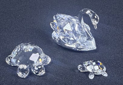 Swarovski Crystal Turtles & Swan Swan 2 x 1.5 inches. One turtle 1 x 1.5 inches. Smaller turtle 1 x