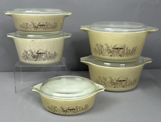 Pyrex Forest Fancies Mushrooms Casseroles 5pc Pyrex casserole dishes. Forest Fancies 5 piece set.: Pyrex casserole dishes. Forest Fancies 5 piece set. 471,471,473, 474,474