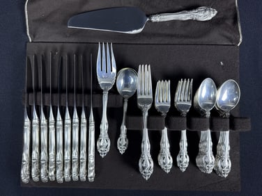 47 pc Gorham La Scala Sterling Silver Flatware Set With a Drexel Silver Cloth Tray measuring 16 x 2