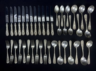 Stieff Rose Sterling Silver Flatware 41 Piece Set Knives, Forks and Two types of Spoons. See photos