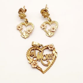 14K Yellow Gold #1 Mom Pendant & 14K Yellow & Rose Gold Earrings