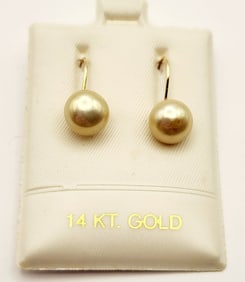 14K Yellow Gold Golden South Sea Pearl Earrings Weighs 1.6 grams. Pearls are not gold color.