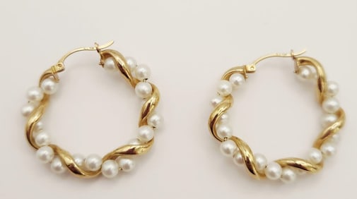 10K Yellow Gold & Pearl Twist Hoop Earrings Weighs 4.9 grams