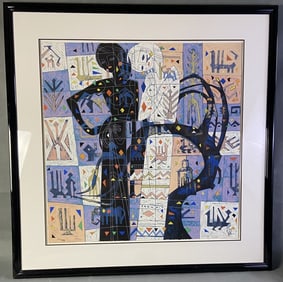Serigraph Two Sisters He Neng Signed Framed Serigraph of the He Neng piece Two Sisters, signed in