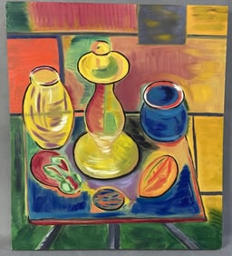 Original Still Life Oil Painting Signed Abstract brightly colored still life featuring glassware and