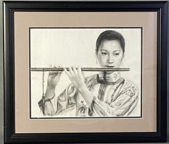 Chinese Flautist Pencil Drawing in Frame Pencil drawing of a Chinese woman playing a flute.